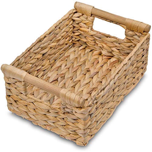 VATIMA Hyacinth Small Wicker Basket 11.6x8.1x4.9" - Bathroom Organizer, Wooden Handle, Decorative Storage - color: Water Hyacinth, size: Small (11.6"L x 8.1"W x 4.9"H)