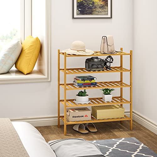BMOSU 5-Tier Bamboo Shoe Rack Premium Stackable Shoe Shelf Storage Organizer for Hallway Closet Living Room Entryway Organizer (Natural Bamboo) - color: Natural Bamboo, size: 5-Tier（27*11*30.9inches）