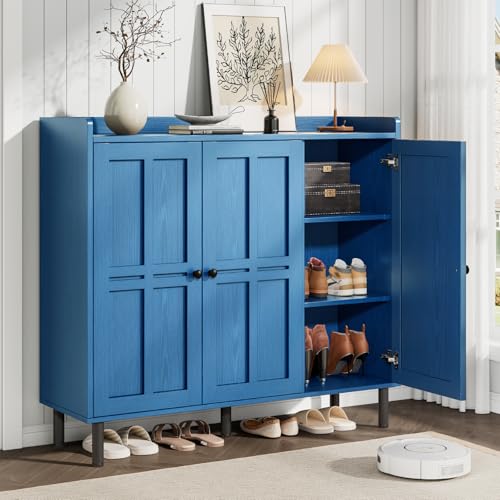 ONBRILL Shoe Cabinet with 3 Doors and Adjustable Shelves, 30 Pairs Shoe Storage Cabinet, 40 Inch Tall Farmhouse Shoe Rack Shoe Organizer Cabinet for Entryway Living Room Closet, Blue - color: Blue