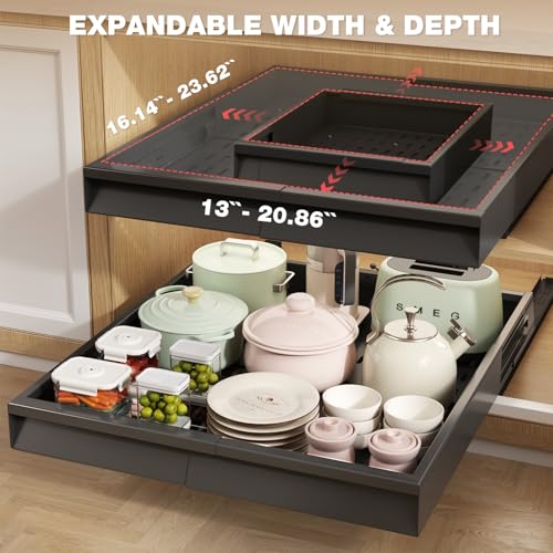 Seinloes 4 Pack Pull Out Cabinet Organizer With Raising Pad for Framed Cabinets,Expandable Width (13"-21") and Depth (17"-24"),3 Slide Rails Slide Out Drawers with Handle,No-Drill Roll Out Shelf,Black - color: Black, size: 13"-21"W x 17"-24"D(4Pack)