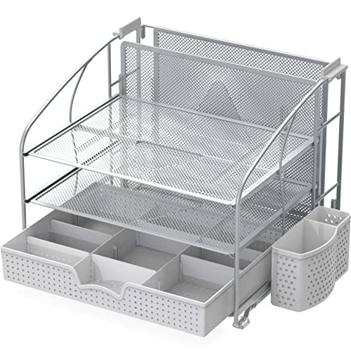 Simple Houseware 3-Tier Desk Organizer with Sliding Drawer, Hanging File Holder and Pen Holder Accessory, Silver - color: Silver, size: 1 Pack