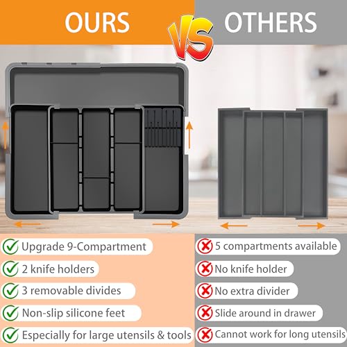 Large Utensil Drawer Organizer for Kitchen, Expandable Silverware Organizer Utensil Holder, Cutlery and Flatware Cooking Tray, Kitchen Drawer Organizers and Storage with Removable Knife Block, Black - color: Black