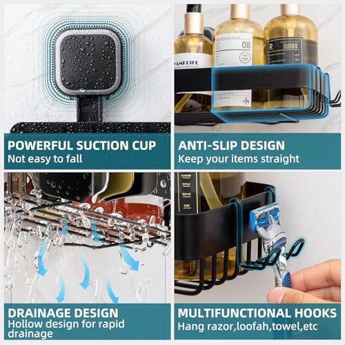 TAILI Shower Caddy Suction Cup 2 Pack,Stainless Steel Rustproof Shower Shelves,No Drilling Wall Mounted Basket,Large Capacity,Removable Suction Cup Bathroom Organizers & Home Decor,Black - style: 2xBlack
