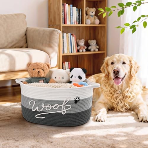 Woof Dog Toy Basket with Handles, Large Dog Toy Storage Bin with Paw Print, Woven Dog Basket for Blankets, Toys, Chews, Pet Toy Box for Nursery, Living Room, Bedroom, 17”x12”x9, Grey - color: Grey