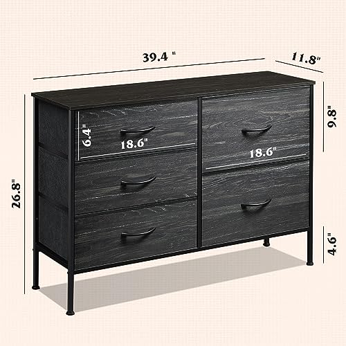 WLIVE Dresser for Bedroom with 5 Drawers, Wide Dressers with Drawer Organizers, Chest of Drawers, Fabric Dresser for Living Room, Closet, Hallway, Charcoal Black Wood Grain Print - color: Charcoal Black Wood Grain Print