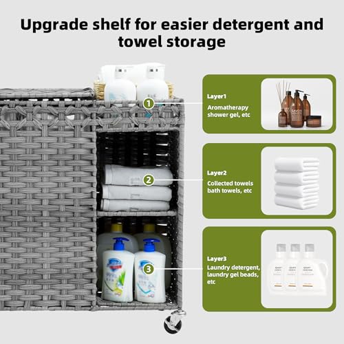 Laundry Hamper with Lid, 160L Rattan Wicker Laundry Basket with Wheels, Handwoven Laundry Hamper 3-Section with Storage shelf(42.3 Gal), Laundry Sorter Basket with Removable Liner, GreyHLH033G - color: Grey, size: 33.5”L x 13”W x26.4”H