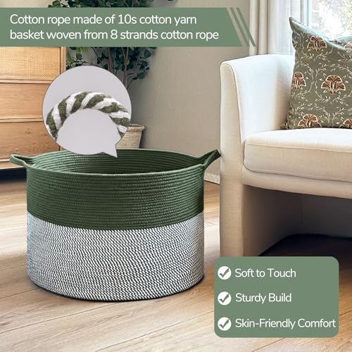 INDRSSME Large Laundry Storage Basket, 21.7 x13. 8 - Decorative Rope Blanket Basket for Organizing Bedroom, Living Room, Nursery, Toy Storage for Colthes Towel, Empty Gift Baskets -Green - color: Green & White, size: 21.7"D x 13.8"H