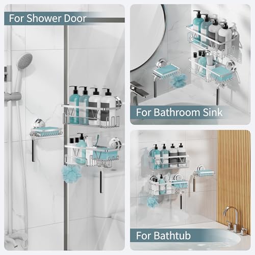 KEGII Suction Cup Shower Caddy – 3 Pack Suction Cup Shelf with Soap Holder & Hooks, Rustproof Stainless Steel Shower Organizer Rack, Removable No Drilling Bathroom Storage Rack, Silver
