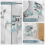 KEGII Suction Cup Shower Caddy – 3 Pack Suction Cup Shelf with Soap Holder & Hooks, Rustproof Stainless Steel Shower Organizer Rack, Removable No Drilling Bathroom Storage Rack, Silver