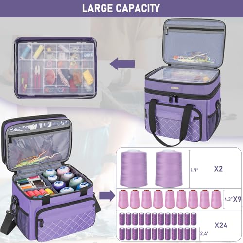 Sewing Storage Bag with Removable Tray Large Capacity Sewing Aaccessories Organizer Travel Sewing Case with Shoulder Strap Double-Layer Sewing Organizer Bag Purple (Bag Only) - color: Purple