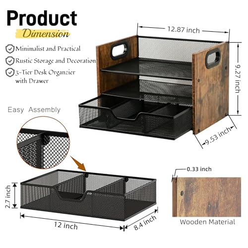Wood Desk Organizer - 3-Tier Desktop File Organizer with Drawer, Wooden Paper Tray, Office Desk Organzier and Accessories for Papers, Mail, Notebooks, Stationery - size: 3 Tier Drawer