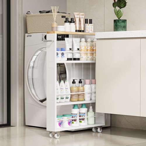 KLM 4 Tier White Slim Storage Cart with Handle, Slide Out Storage Rolling Utility Cart for Kitchen, Laundry, Narrow Places