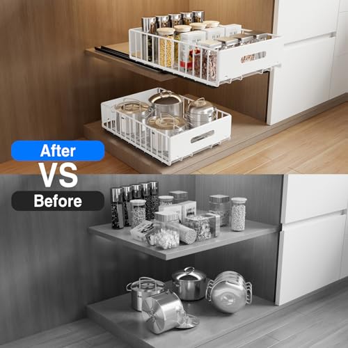 MUSTORN 2 Pack Pull Out Cabinet Organizer, Slide Out Cabinet Drawers Peel and Stick Pull Out Drawers Heavy Duty Pull Out Shelf for Kitchen, Cupboard, Pantry, Bathroom (16.5" D*11.8" W*3.94" H-White) - color: White, size: 16.5"D*11.8"W*3.94"H