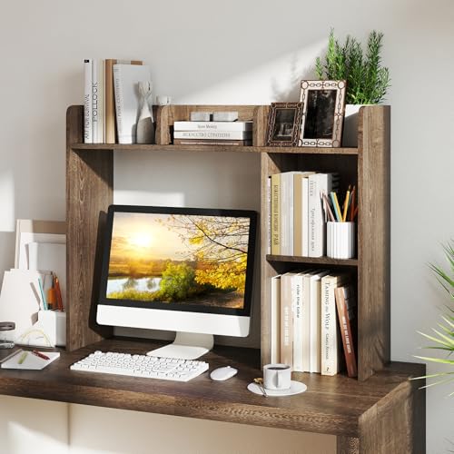 Tangkula Desktop Bookshelf, Countertop Storage Hutch with Shelves for Computer Desk, Desk 3-Tier Display Rack, Multipurpose Wood Desktop Hutch Storage Organizer for Dorm Office - color: Grey, size: 5 Shelves