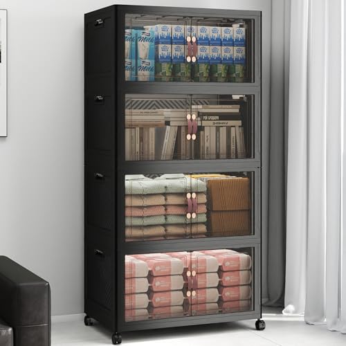 UAMFURI Stackable Storage Bins with Lids, 480QT Closet Organizers, Lockable Storage Cabinet，Foldable Storage Box with Doors and Wheels, Plastic Drawers for Home, Garage, Office (4, Black, Large) - color: Black, size: Large