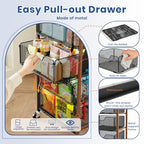 Goovilla Kitchen Cart with Drawers, 4 Tier Metal Rolling Utility Cart Organizer on Lockable Wheels with Wooden Top, Black Fruit Vegetable Storage Rack Also for Cans, Snack, Craft, Art, Office, Beauty - size: Black