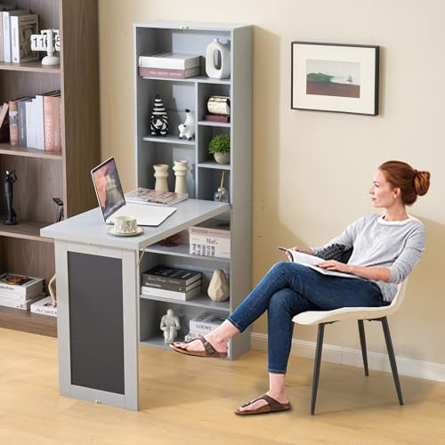Folding Desk with Storage,Foldable Convertible Writing table with Blackboard and Shelves,Wall Mount Fold Out Table Cabinet , Space-Saving Murphy Desk for Multi-Function Home Office Workstation (Grey) - color: Grey