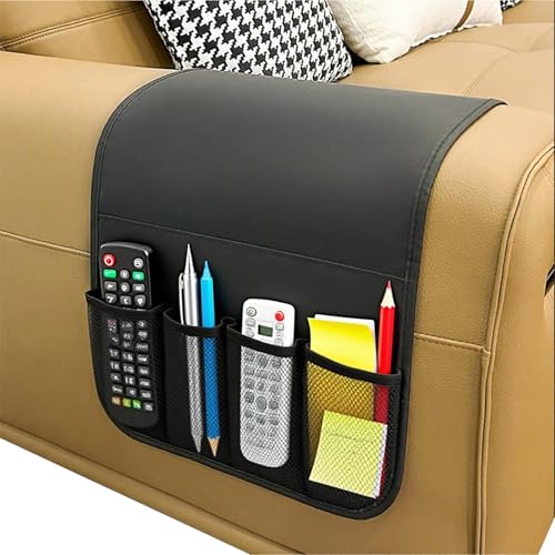 IPENNY No-Slip PU Leather Sofa Armrest Organizer, Remote Control Holder Arm Chair Beside Storage Bag for Recliner with 5 Pockets (Black) - color: Black