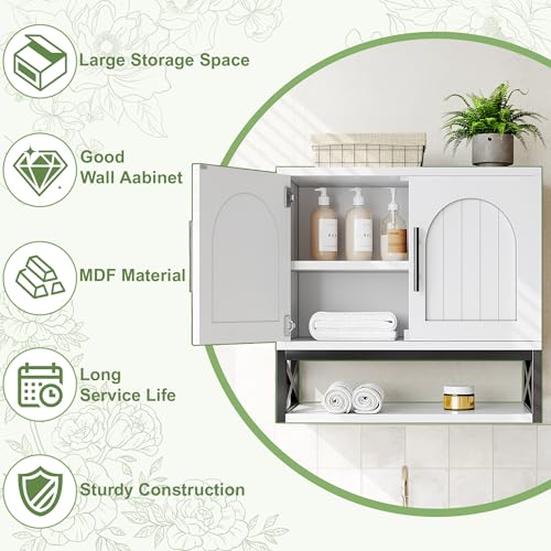 DreamDashio Bathroom Cabinet Wall Mounted with Doors, Adjustable Shelves and Open Shelf, Medicine Cabinet Over The Toilet, Wall Cabinet, Storage Cabinet for Bathroom, Laundry Room, Toilet, White - size: 23.6"H x 23.6"W x 9.8"D