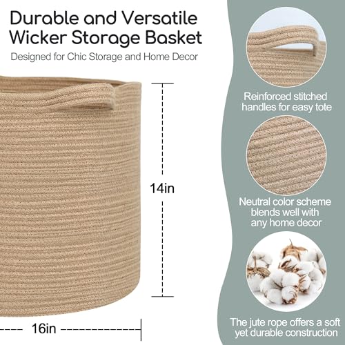 MEGASKET Large Wicker Storage Basket, 16" x 14" Jute Woven Basket with Handle, Living Room Blanket Storage, Big Wicker Laundry Basket, Kids Toy Bin Box Organizer, Decorative Round Baskets for Decor - color: Jute