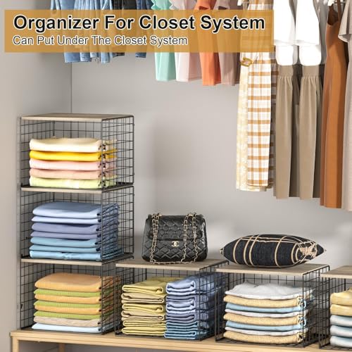 Widened & Heightened Closet Organizers And Storage Shelves With Top Board, Set of 3 Stackable Closet Shelf Organizer Storage Bin Basket For Clothes Sweaters,Space-saving, Sturdy,Wider Higher Size - color: Black, size: 3 Pack