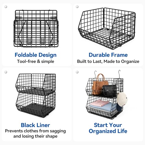 5 Tier Metal Hanging Closet Organizer with 2 Extra Tall Storage Baskets & 3 Standard Wire Baskets, Heavy Duty Foldable Closet Organizer with Protective Liners for Sweaters, Jeans, Handbags, Tower