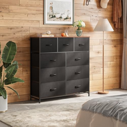 WLIVE 9 Drawer Dresser, Fabric Storage Tower for Bedroom, Hallway, Closet, Tall Chest Organizer Unit for Bedroom with Fabric Bins, Steel Frame, Wood Top, Easy Pull Handle, Black and Rustic Brown - color: Black and Rustic Brown