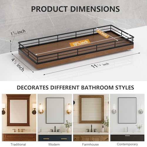 Bathroom Tray for Counter Top Organizer – Oak Wood Vanity Tray with Metal Frame for Dresser, Kitchen, Nightstand – Black & Brown Decorative Storage - color: Black & Brown, size: 11" x 4.5" x 1.5"