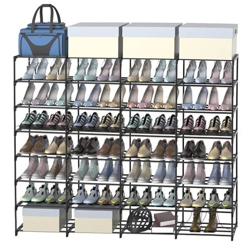 Large Shoe Rack Organizer, 4-Row 8-Tier Tall Shoe Storage Shelf for Closet, Entryway, Garage, Metal Free Standing Shoe Holder for 56-64 Pairs Shoes, Sturdy Stackable Shoe Stand for Bedroom - size: 4 Row 8 Tier