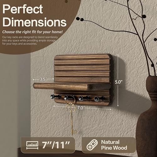 Rebee Vision Small Farmhouse Key Holder Wall Mount for Home Decor – Mini 7-inch Wooden Key Holder for Wall with 4 Hooks & Floating Shelf - Apartment Essentials for a Tidy & Trendy House (Brown) - color: Brown, size: Small-7inch