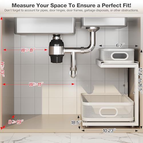 2 Pack 18.5IN-Depth Under Sink Organizer With Next-Gen Ball-Bearing Slides,2-Tier Precision Mesh Pull Out Cabinet Storage for Bathroom&Kitchen,Height Adjustable Drawers Shelf,Anti-rust-White - color: White, size: 2 Pack-18.5"Dx12.4"-16.5"H