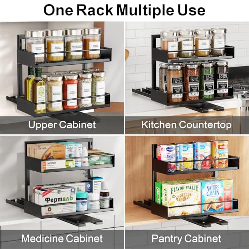 iSPECLE 2 Pack Pull Out Spice Rack - Rotate Peel and Stick No-Drill Vertical Spice Rack Organizer for Cabinet Easy Access Spices, Adjust Height for 4oz to 8oz Spice Jars, Fits Small Pantry Cabinet - color: 2-Pack Black