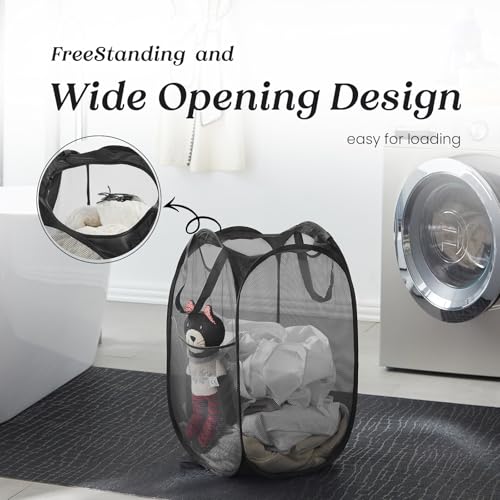 Collapsible Mesh Pop Up Laundry Hamper with Sturdy Handles and Side Pocket - Portable Foldable Clothes Baskets for Dorm, Bathroom & Travel Storage (Black) - color: Black, size: 1 Pack
