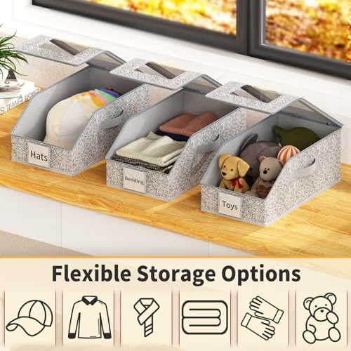 3 Pack Stackable Hat Organizer for Baseball Caps, Hat Storage with Clear Window Lid, Holds up to 45 Ball Cap Storage Organizer, Foldable Hat Box Holder with Cardboard, for Closet Bedroom Shelf(Grey)