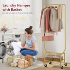 Tajsoon Laundry Cart with Wheels, Metal Rolling Laundry Hamper with Hanging Rack, Storage Basket and Shelf, Gold - color: Gold