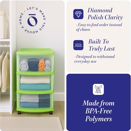 HOMZ Drawer Tower, 3-Tier Clear Plastic Storage Organizer Cart, Bold Lime Frame - Rolling Drawer Containers with Wheels for Bathroom, Bedroom, Office, and Classroom Organization - color: Bold Lime, size: 1 Pack