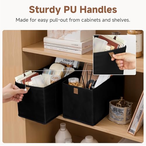 StorageWorks Fabric Storage Bins, Narrow Baskets for Storage, Small Baskets for Organizing with PU Handle, Suitable for Clothes, Books, and Toys, Black, 4-Pack - color: Black, size: 7.75'' Width (4 Pack)