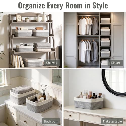 5 Pack Decorative Small Storage Baskets for Shelves, Cotton Rope Woven Basket for Organizing Bathroom, Nursery, Closet, Cabinet, Toys & Socks, Gift Baskets Empty, 11.8"x7.9"x4.7", Gray/White - color: Gray & White