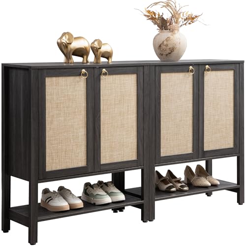 SICOTAS Shoe Storage Cabinet for Entryway - 5 Tier Rattan Entry Shoe Organizer Cabinet with Shelves & Doors, 2 Pieces Farmhouse Boho Tall Shoe Rack for Hallway, Living Room, Closet (Obsidian) - color: Obsidian, size: 2 Pieces