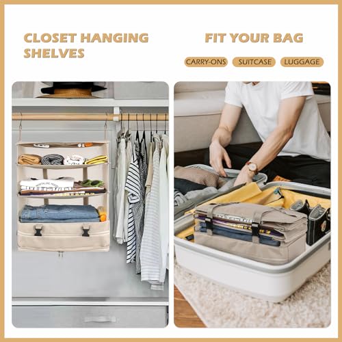 Surblue Hanging Closet Storage Bag Collapsible 3-Shelf Washable Oxford Fabric with 2 Hooks (XL 17.71 * 11.81 * 20in, Beige) - color: Beige, size: XL 17.71*11.81*20in