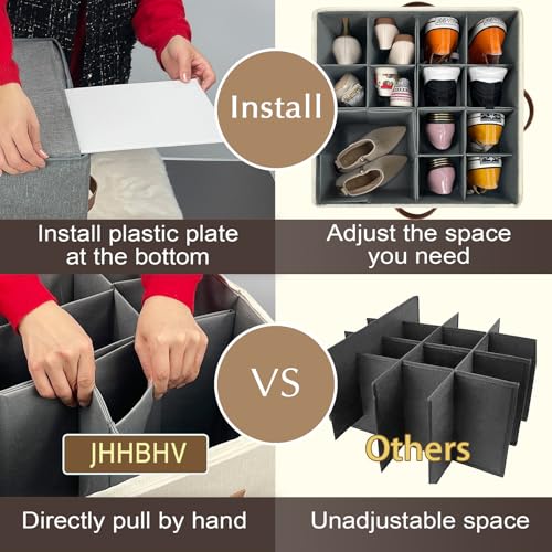 1 Pack Shoe Organizer for Closet, Adjustable Shoe Box Storage Containers, Large Foldable Shoe Bins with Clear Cover, Space Saving Shoes Holder with 4 Handles, Fits 8-16 Pairs, Beige - color: Beige and Grey, size: (1 Pack) 17"L x 17"W x 12 ½"H