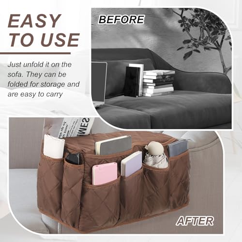 uxcell 2 Pcs Recliner Armchair Caddy, Couch Armrest Organizer with 14 Pockets for Bedside Sofa Remote Control Holder Magazine Phone Book Glasses (Brown, 20" x 7" x 9") - color: Brown