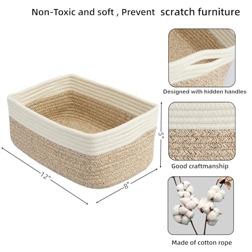 XUANGUO Small Woven Storage Baskets 12“X8”X5“ Decorative Rope Bins for Organizing Shelves, Closets, and Toys, Empty Gift Baskets, Cute Organizer Basket for Home and Office (white and brown regular) - color: white and brown, size: regular