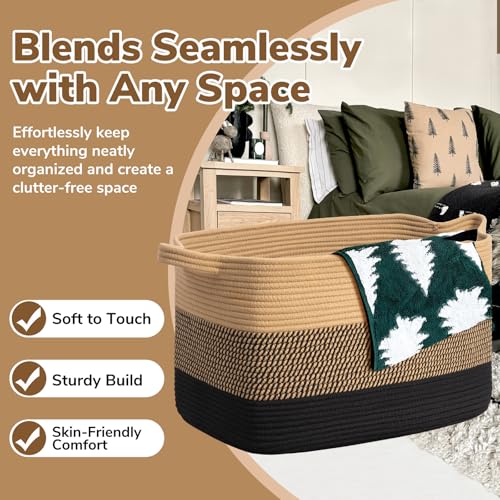 Goodpick Large Woven Blanket Basket 23.6" x 15.7" x 13.8" Cotton Rope Storage Organizer for Dirty Clothes Pillows Toys, Rectangle Wicker Laundry Basket with Handles, Black & Jute Mix - color: Black Jute, size: X-Large(23.6"L x 15.7"W x 13.8"H)