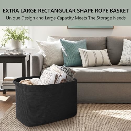 MEGASKET 108L Extra Large Storage Basket, 25" x 16" x 16" Black Blanket Basket Living Room, Oversized Cotton Rope Blanket Storage, Woven Kids Dog Toy Bin Box Organizer, Laundry Shoes Towel Bin, Black - color: Black, size: 25"x16"x16"