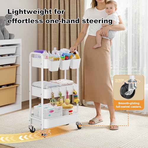 Diaper Cart Organizer with Wheels, 3 Tier Rolling Bedside Cart for Baby Essentials, Baby Organizers and Storage Diaper Caddy Carts for Changing Table, Crib, Bedroom, Newborn Nursery Supplies, White - color: White, size: 3-Tier + Cups + Hooks