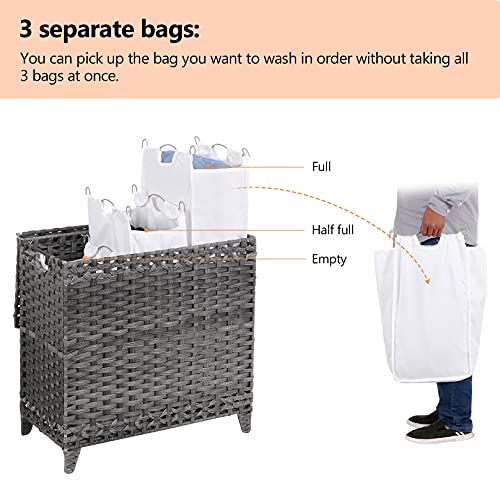 Laundry Hamper with 3 Removable Liner Bags; 132L Handwoven Rattan Laundry Basket with Lid & Heightened Feet; Clothes Hamper with Side Handles; Laundry Sorter with 3 Separate Sections - color: Gray, size: 132L-3 Section