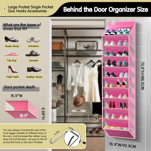 Kotkn 10 Tier Over The Door Organizer - Heavy Duty Hanging Storage Rack with Sturdy Oxford Fabric, Holds 20+ Pairs of Footwear, Boots & Sneakers, Saves 50% Closet Space! (Pink) - color: 10-cell Pink