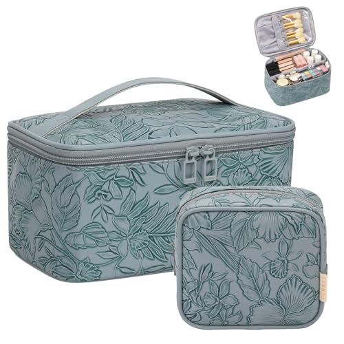 OCHEAL Makeup Bag Set, Portable Travel Makeup Bags Cosmetic Organizer Bag for Women Cute Floral Cosmetic Pouch Large Capacity Make up Bag PU Leather Toiletry Bags with Divider and Handle-Blue - color: 0020_Blue Lily Set of 2, size: Medium