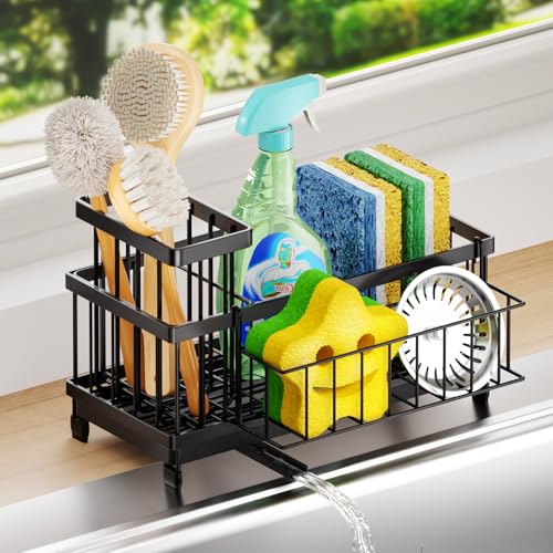 SWTYMIKI Sink Caddy Sponge Holder - Large Sponge Holder for Kitchen Sink with 360°Auto-Drain Tray, Rustproof Stainless Steel Kitchen Organizer Caddy for Countertop Organization - color: Black-basket